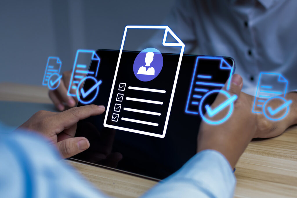 Human Resource Management. hr manager review digital resume document on mobile tablet, job interview, team leader, document file management, digital marketing, business strategy and technology concept