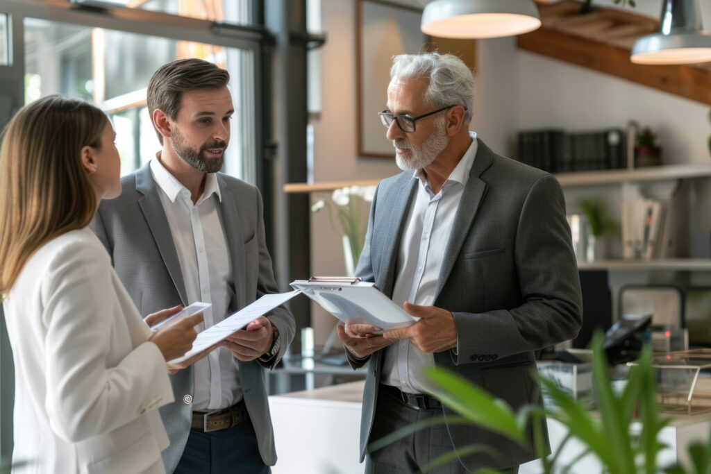 A commercial real estate agent discussing property leases with business owners