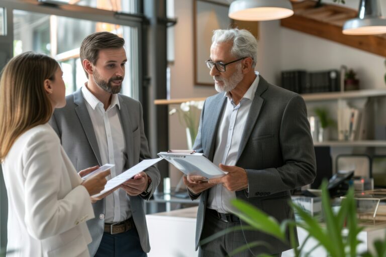 A commercial real estate agent discussing property leases with business owners
