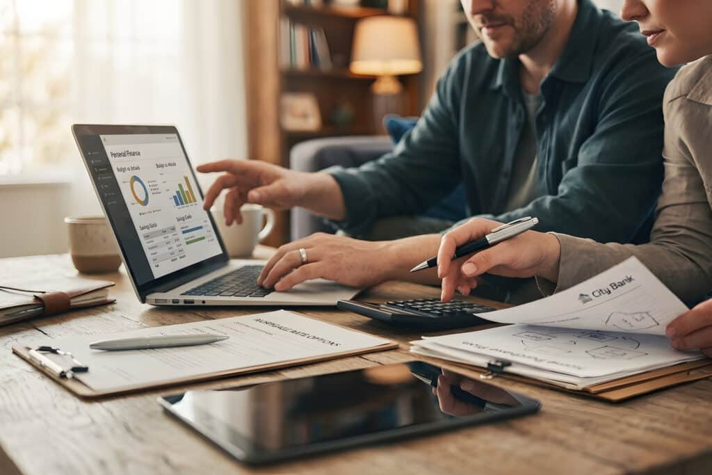 Young couple planning home budget and mortgage options on laptop
