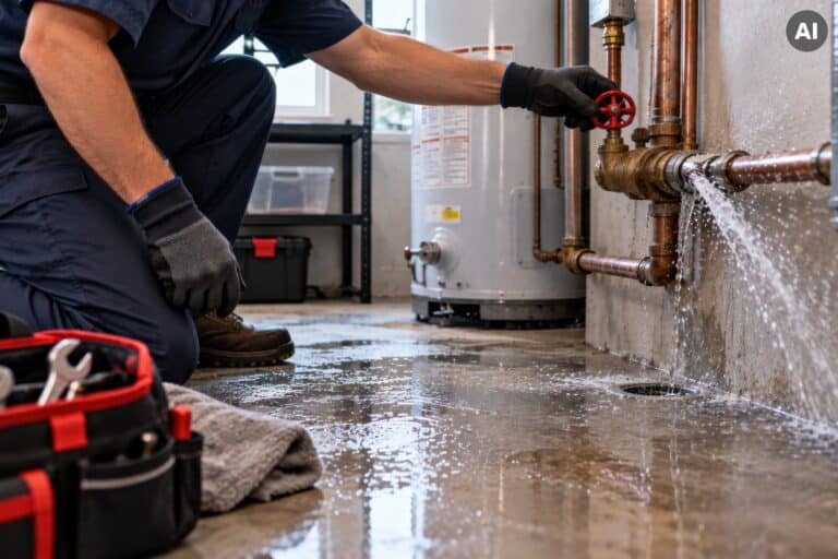 Professional plumber in uniform turning off red valve of leaking copper pipe spraying water in basement utility room.